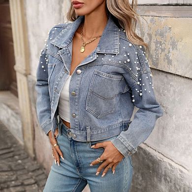 Women's Button Long Sleeve Short Denim Jacket with Pockets