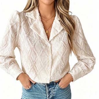 Women's Fuzzy Jacquard Button Up Shirt, Long Sleeve Lapel Collar Casual Blouse