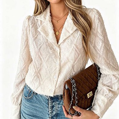 Women's Fuzzy Jacquard Button Up Shirt, Long Sleeve Lapel Collar Casual Blouse