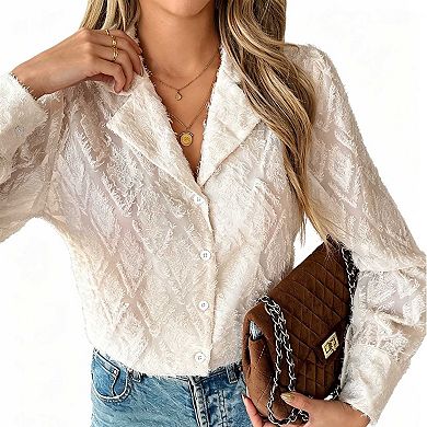 Women's Fuzzy Jacquard Button Up Shirt, Long Sleeve Lapel Collar Casual Blouse