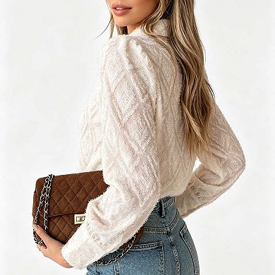 Women's Fuzzy Jacquard Button Up Shirt, Long Sleeve Lapel Collar Casual Blouse