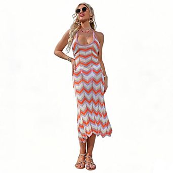Women's Striped Crochet Halter Maxi Dress, Sleeveless Flowy Beach Vacation Dress