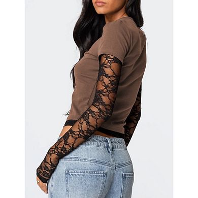 Womens Lace Patchwork Long Sleeve Crew Neck Crop Tops Slim Shirts with Thumb Holes