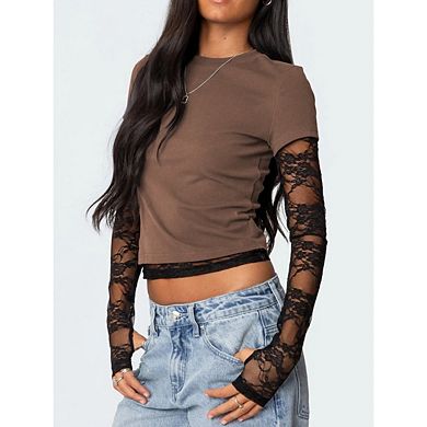 Womens Lace Patchwork Long Sleeve Crew Neck Crop Tops Slim Shirts with Thumb Holes