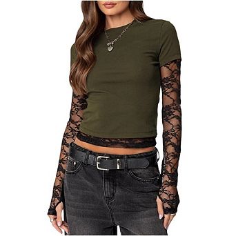Womens Lace Patchwork Long Sleeve Crew Neck Crop Tops Slim Shirts with Thumb Holes