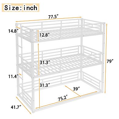 Pnronnc Metal Triple Bunk Bed Heavy-duty Bunk Bed Convertible Low Loft Bed, Platform Bed & Floor Bed
