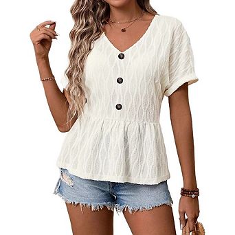 Women's Short Sleeve Summer Blouse V-Neck Button-Front Top Peplum Hem Casual Loose-Fit Shirt