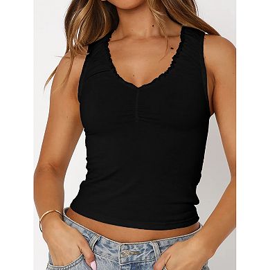 Women's Ruffled V-Neck Tank Top Slim Fit Solid Knit Basic Cami Casual Daily Wear