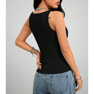 Women's V Neck Sleeveless Tank Top Eyelet Ruched Side Button Casual Slimming Top
