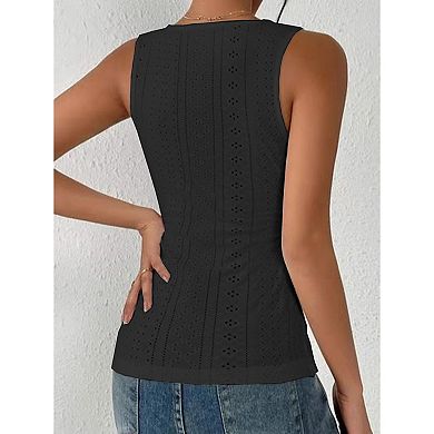 Women's V Neck Sleeveless Tank Top Eyelet Ruched Side Button Casual Slimming Top