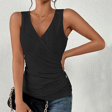 Women's V Neck Sleeveless Tank Top Eyelet Ruched Side Button Casual Slimming Top