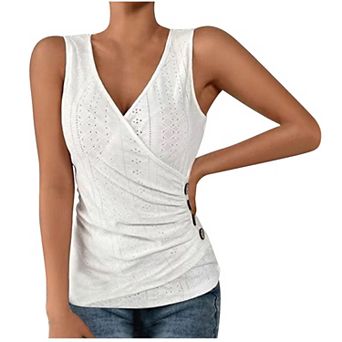 Women's V Neck Sleeveless Tank Top Eyelet Ruched Side Button Casual Slimming Top