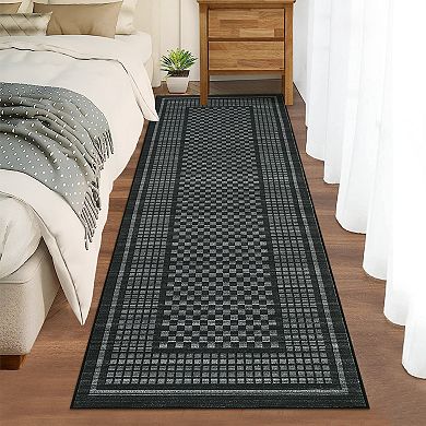 Non-Slip Washable Runner Rug - Modern Checkered Low Pile Carpet for Hallway, Entryway & Bedroom