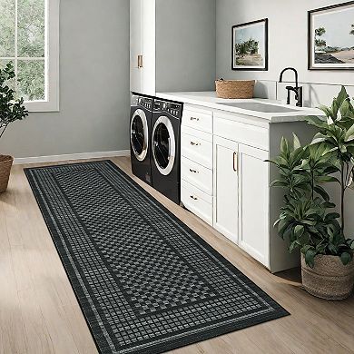 Non-Slip Washable Runner Rug - Modern Checkered Low Pile Carpet for Hallway, Entryway & Bedroom
