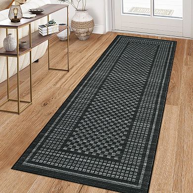 Non-Slip Washable Runner Rug - Modern Checkered Low Pile Carpet for Hallway, Entryway & Bedroom
