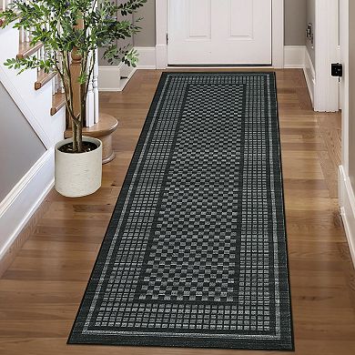 Non-Slip Washable Runner Rug - Modern Checkered Low Pile Carpet for Hallway, Entryway & Bedroom