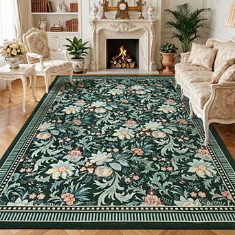 Floral Area Rug Ultra Soft Low Pile Carpet, Non-Slip TPR Backing, Machine Washable for Living Room