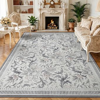 Floral Area Rug Ultra Soft Low Pile Carpet, Non-Slip TPR Backing, Machine Washable for Living Room