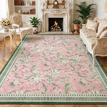 Floral Area Rug Ultra Soft Low Pile Carpet, Non-Slip TPR Backing, Machine Washable for Living Room