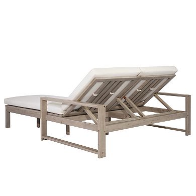Eazegath Outdoor Wood Adjustable Backrest Double Chaise Lounge Chair Sunbed with Cushions