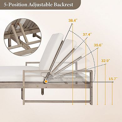 Eazegath Outdoor Wood Adjustable Backrest Double Chaise Lounge Chair Sunbed with Cushions