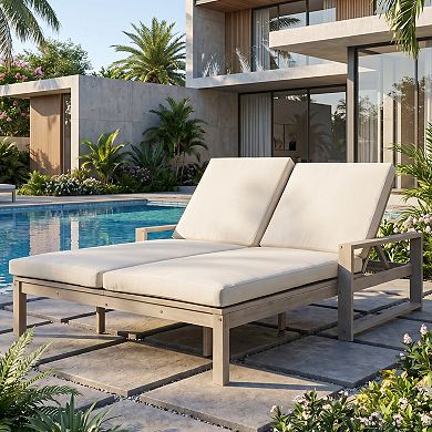 Eazegath Outdoor Wood Adjustable Backrest Double Chaise Lounge Chair Sunbed with Cushions