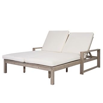 Eazegath Outdoor Wood Adjustable Backrest Double Chaise Lounge Chair Sunbed with Cushions