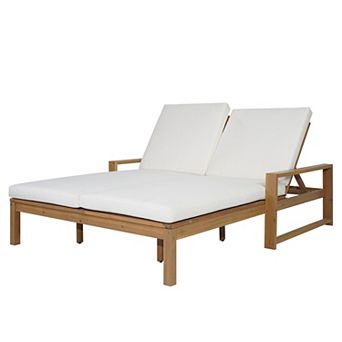 Eazegath Outdoor Wood Adjustable Backrest Double Chaise Lounge Chair Sunbed with Cushions