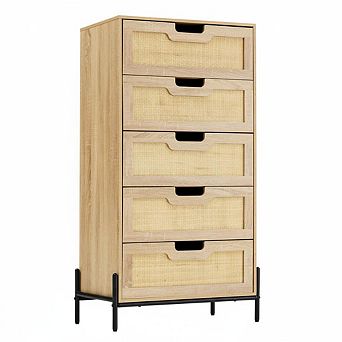 Rattan 5 Drawer Dresser, Mid Century Tall Chest with Metal Legs for Bedroom