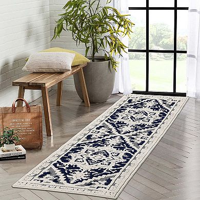 Vintage Area Rug - Textured Floral Indoor/Outdoor Non-Slip Boho Kitchen & Hallway Runner