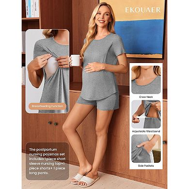 Ekouaer Three Piece Maternity Pajamas Set Nursing Breastfeeding Pregnancy Shorts & Pants Pjs