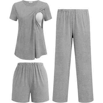 Ekouaer Three Piece Maternity Pajamas Set Nursing Breastfeeding Pregnancy Shorts & Pants Pjs