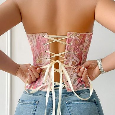 Women's Strapless Bustier Top Lace Up Overbust Shapewear Corset