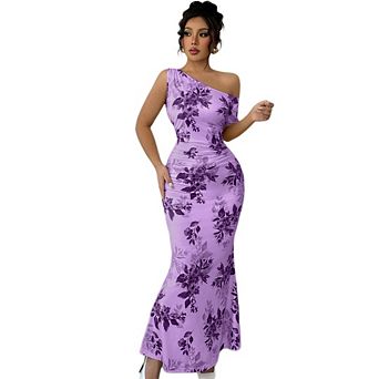 Women's Summer Floral One Shoulder Ruched Bodycon Maxi Dresses Beach Dress Vacation Outfits