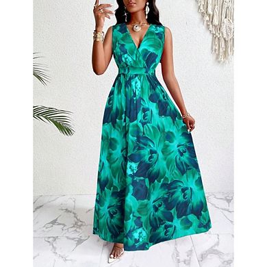 Women's V Neck Sleeveless Dresses Elegant Stylish Printed Boho Maxi Dress