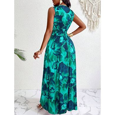 Women's V Neck Sleeveless Dresses Elegant Stylish Printed Boho Maxi Dress