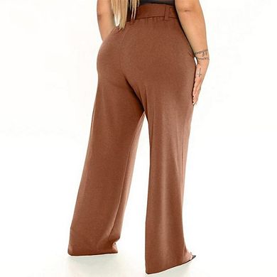 Women's Plus Size High Waist Wide Leg Pants Self Tie Belt Casual Trousers