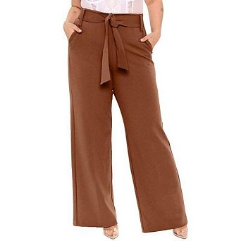 Women's Plus Size High Waist Wide Leg Pants Self Tie Belt Casual Trousers