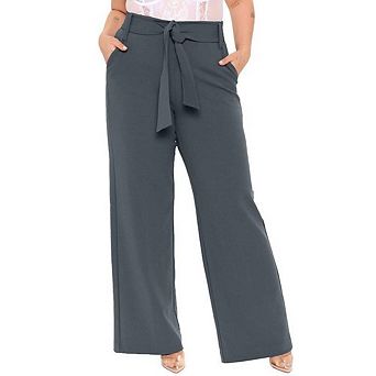 Women's Plus Size High Waist Wide Leg Pants Self Tie Belt Casual Trousers