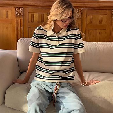 Seoria Womens Short Sleeve Striped Polo Shirt Casual Basic Tops
