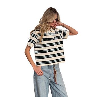 Seoria Womens Short Sleeve Striped Polo Shirt Casual Basic Tops