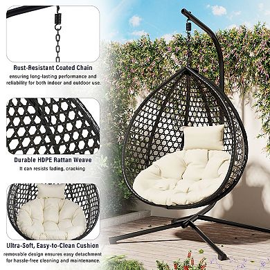 Eazegath Outdoor Single Rattan Egg Swing Chair Hanging Hammock with Iron Stand and Cushion