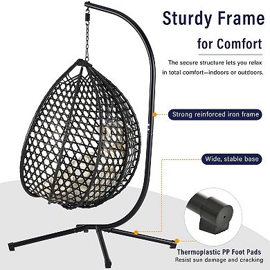 Eazegath Outdoor Single Rattan Egg Swing Chair Hanging Hammock with Iron Stand and Cushion