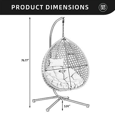 Eazegath Outdoor Single Rattan Egg Swing Chair Hanging Hammock with Iron Stand and Cushion