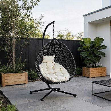 Eazegath Outdoor Single Rattan Egg Swing Chair Hanging Hammock with Iron Stand and Cushion