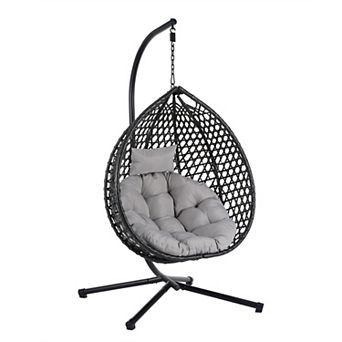 Eazegath Outdoor Single Rattan Egg Swing Chair Hanging Hammock with Iron Stand and Cushion