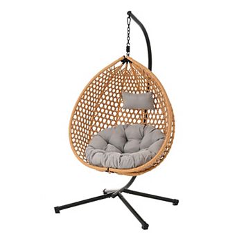 Eazegath Outdoor Single Rattan Egg Swing Chair Hanging Hammock with Iron Stand and Cushion