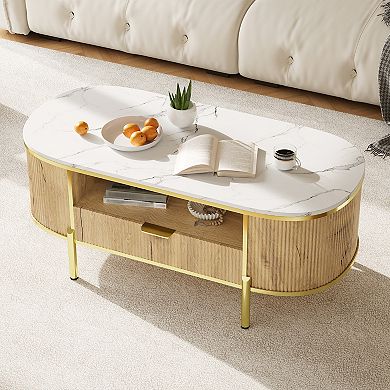 Fluted TV Stand with Faux Marble Top & Curved Sliding Doors, Entertainment Center