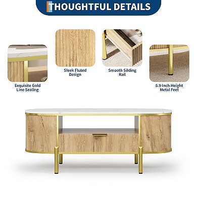 Fluted TV Stand with Faux Marble Top & Curved Sliding Doors, Entertainment Center