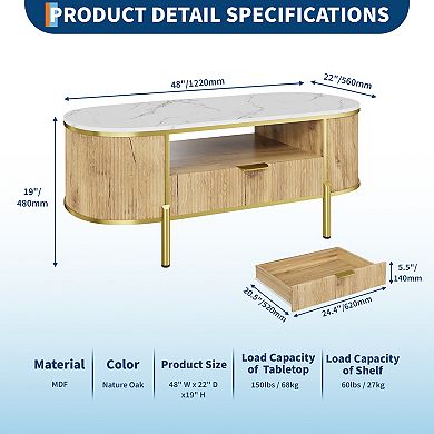 Fluted TV Stand with Faux Marble Top & Curved Sliding Doors, Entertainment Center